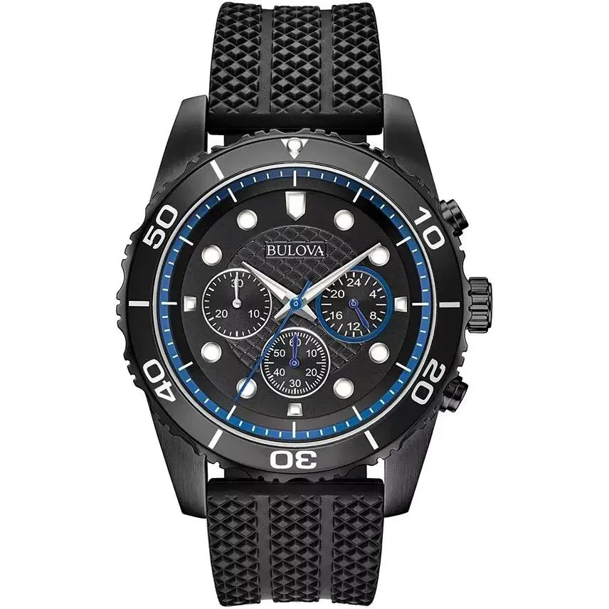 Bulova 98A211 Sport Black Silicone Strap Chronograph Men`s Watch Great Gift - Dial: Black, Band: Black, Bezel: Black