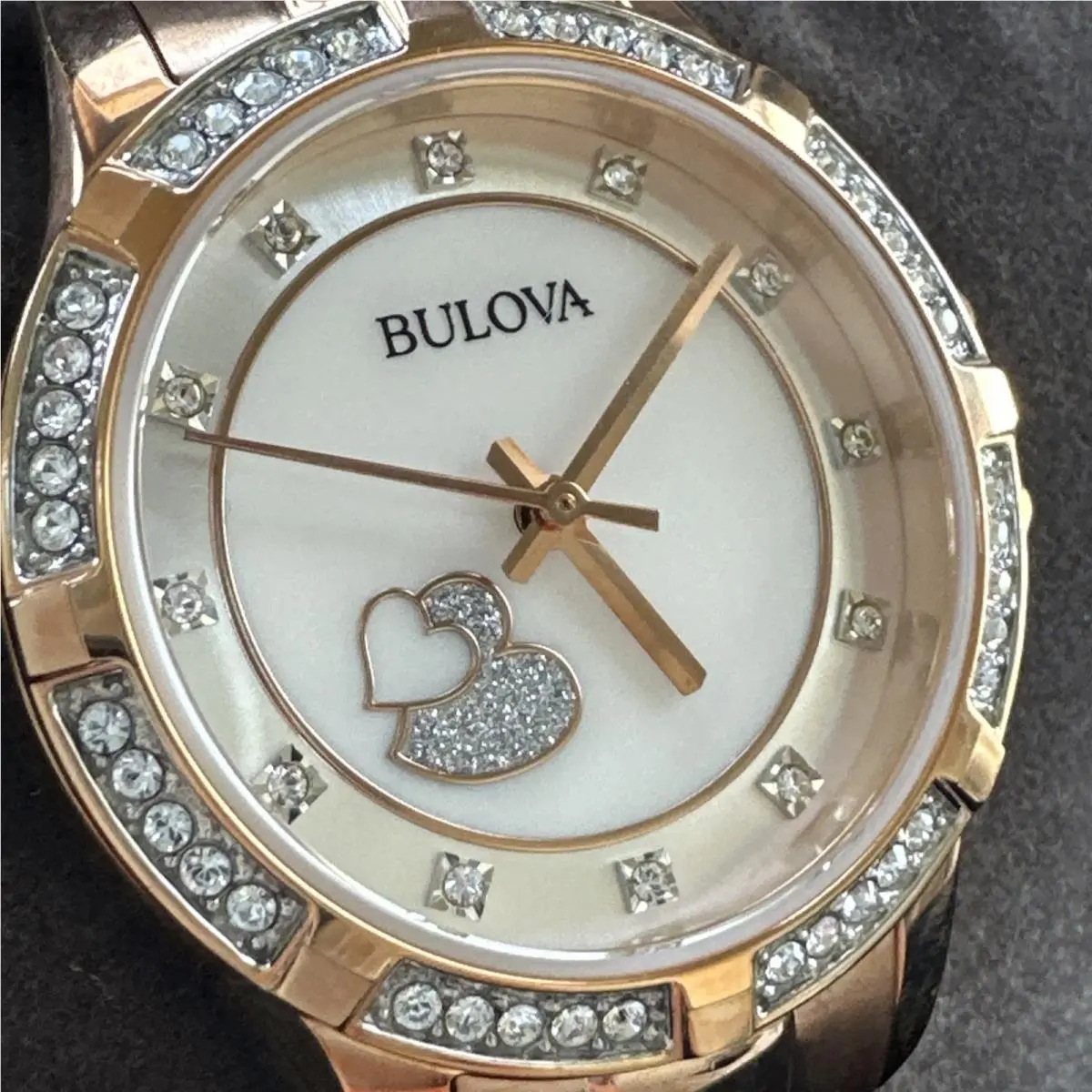 Womens Rose Gold Mop Dial Crystal Accent Hearts 30MM Watch 98L303 by Bulova