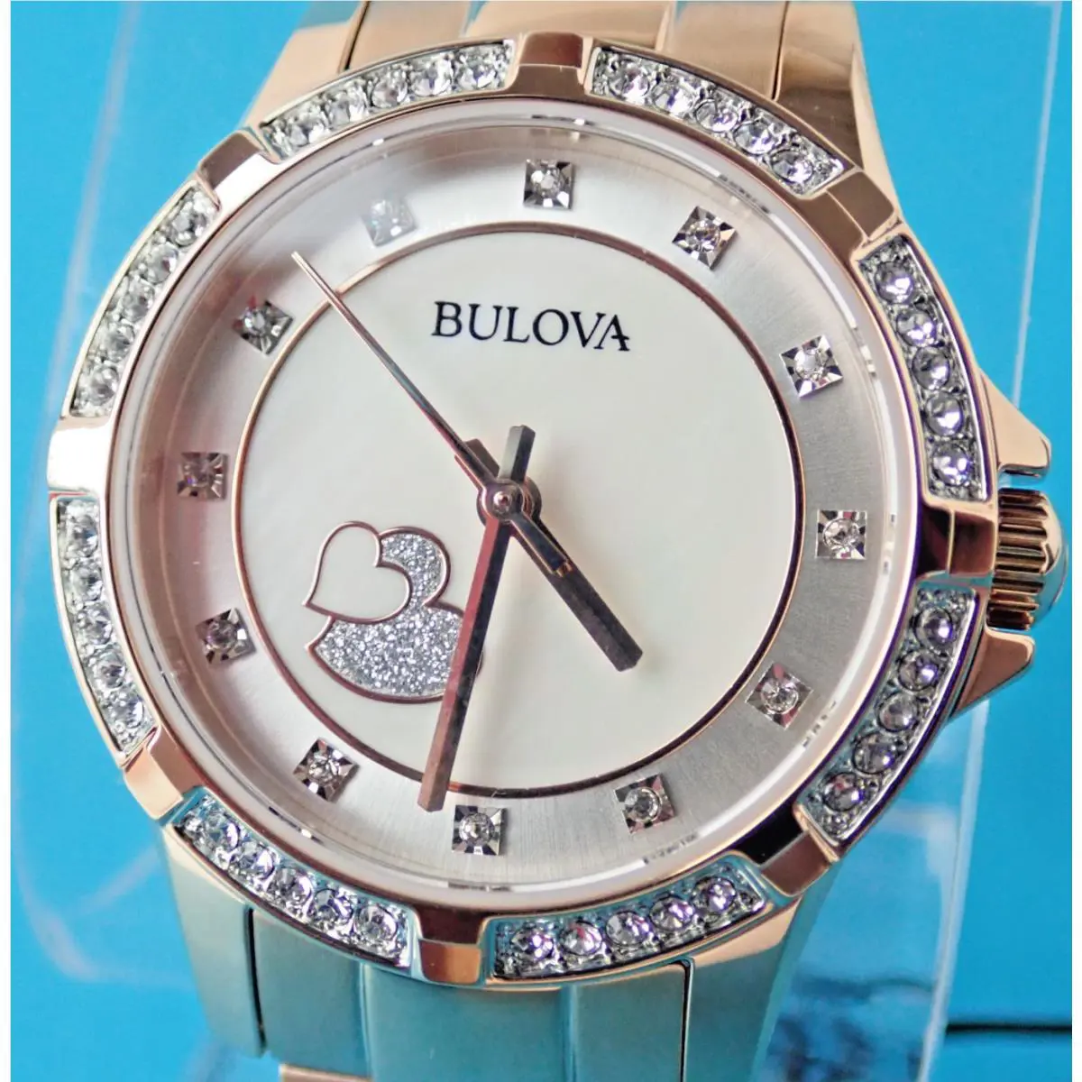 Bulova Womens Rose Gold Mop Dial Crystal Accent Hearts 30MM Watch 98L303