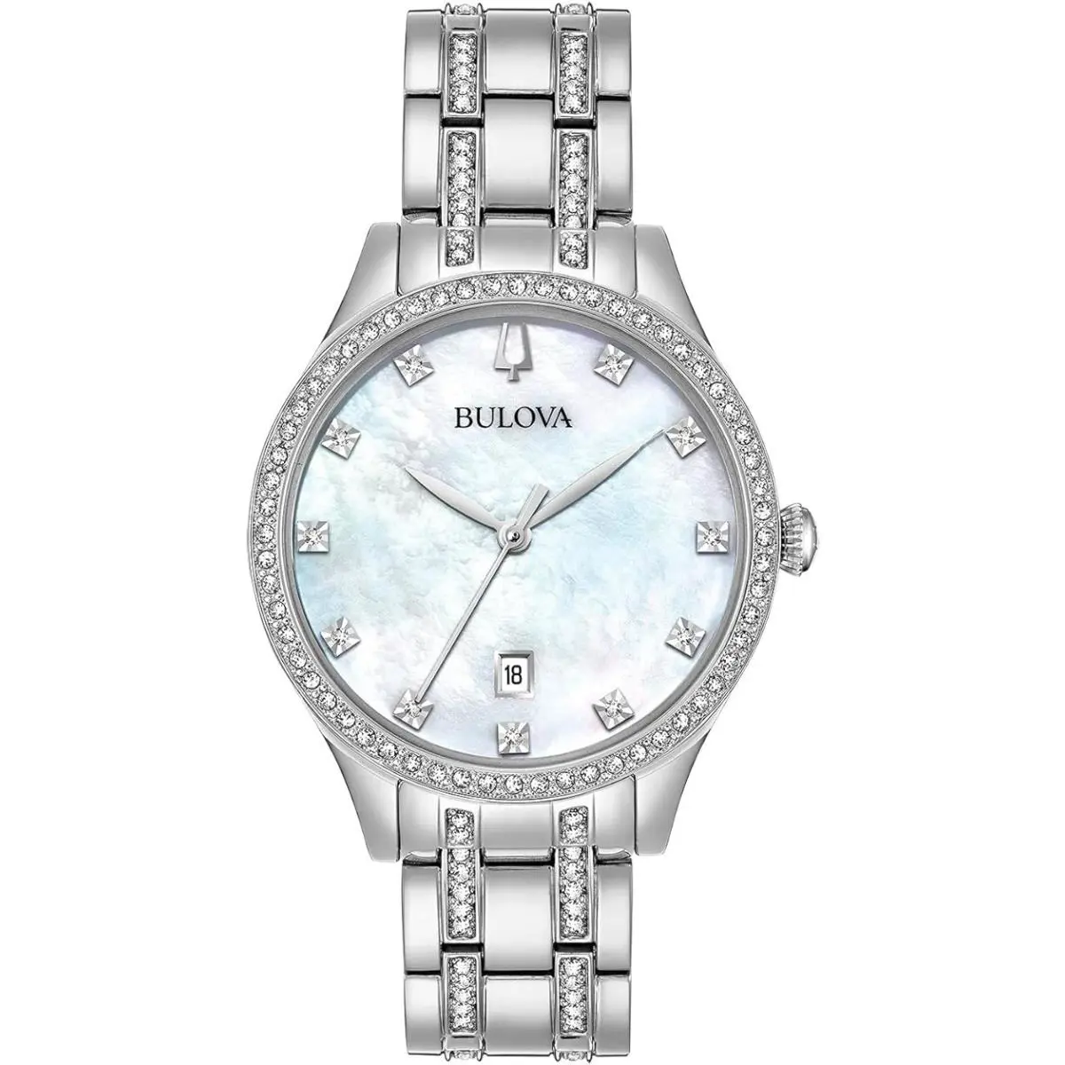 Bulova 96M144 Women`s Mother Of Pearl Dial Crystal Accented Silver Tone Watch