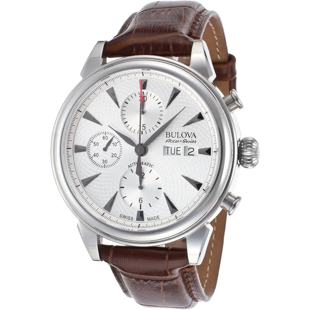 Bulova Accu-swiss Men`s 63C112 Gemini Mechanical Automatic Chronograph Watch - Dial: Silver, Band: Brown, Bezel: Silver