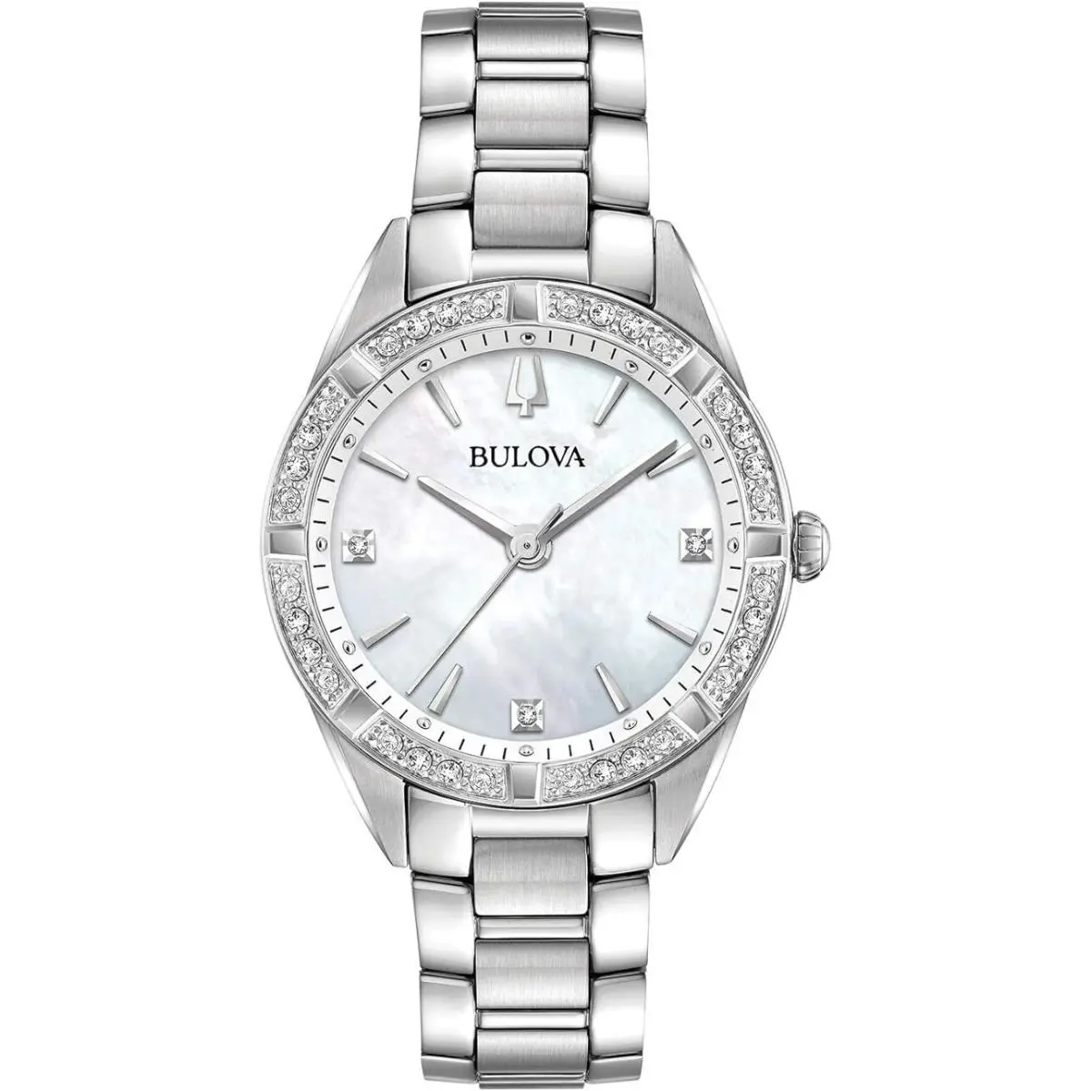 Bulova 96R228 Sutton Mother-of-pearl Dial Diamond Silver Tone Women`s Watch - Dial: White Mother-of-pearl, Band: Silver, Bezel: Silver