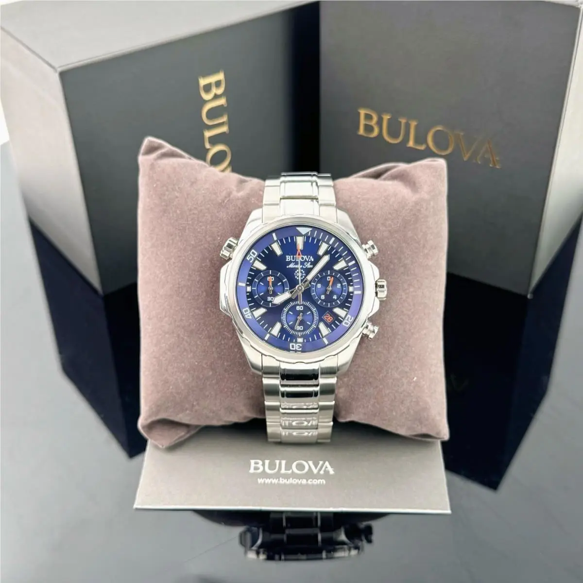 Bulova Marine Star Chronograph Blue Dial Stainless Steel Men`s Watch 43MM 96B256