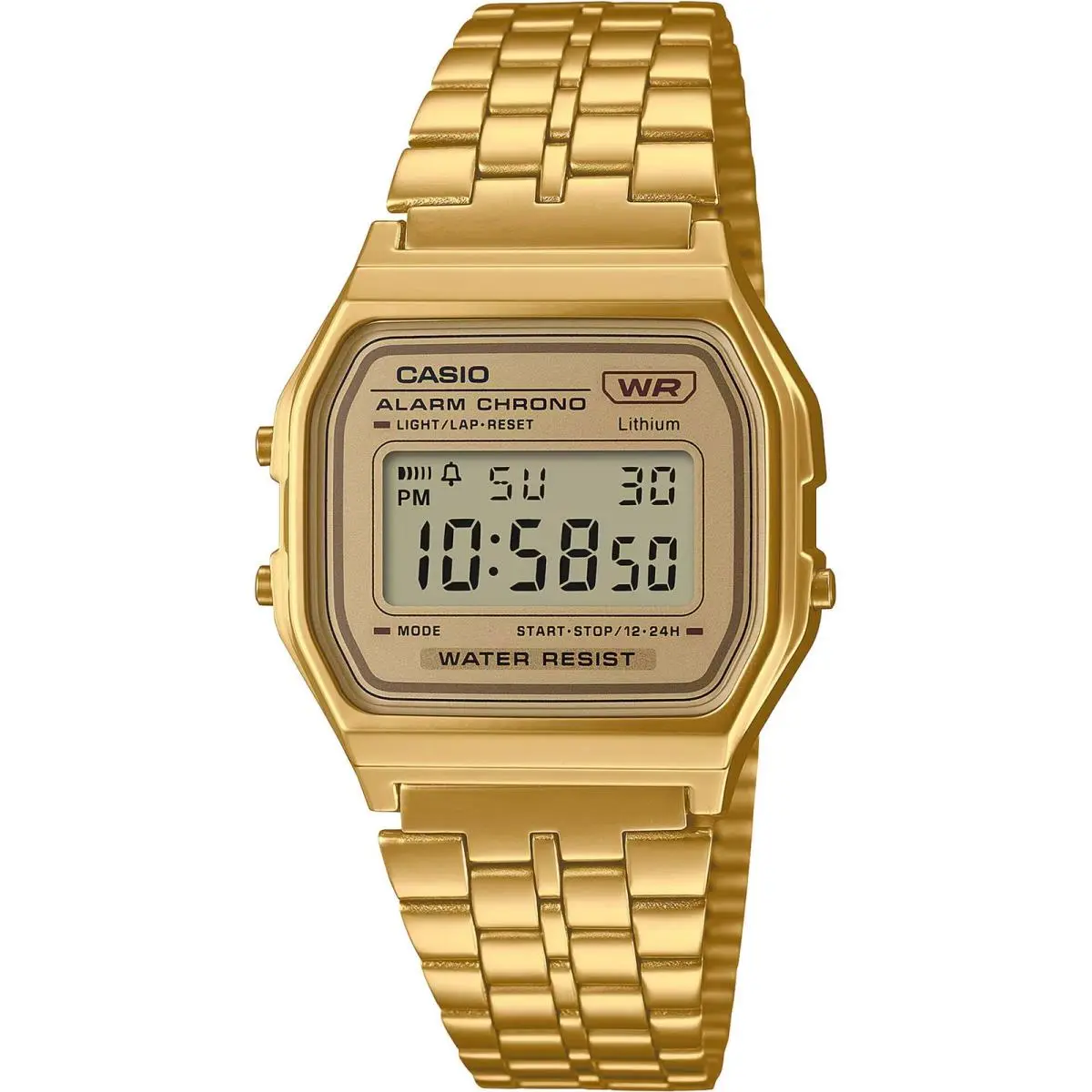 Casio Men`s Watch Chronograph Grey Digi Dial Yellow Gold Bracelet A158WETG-9AVT