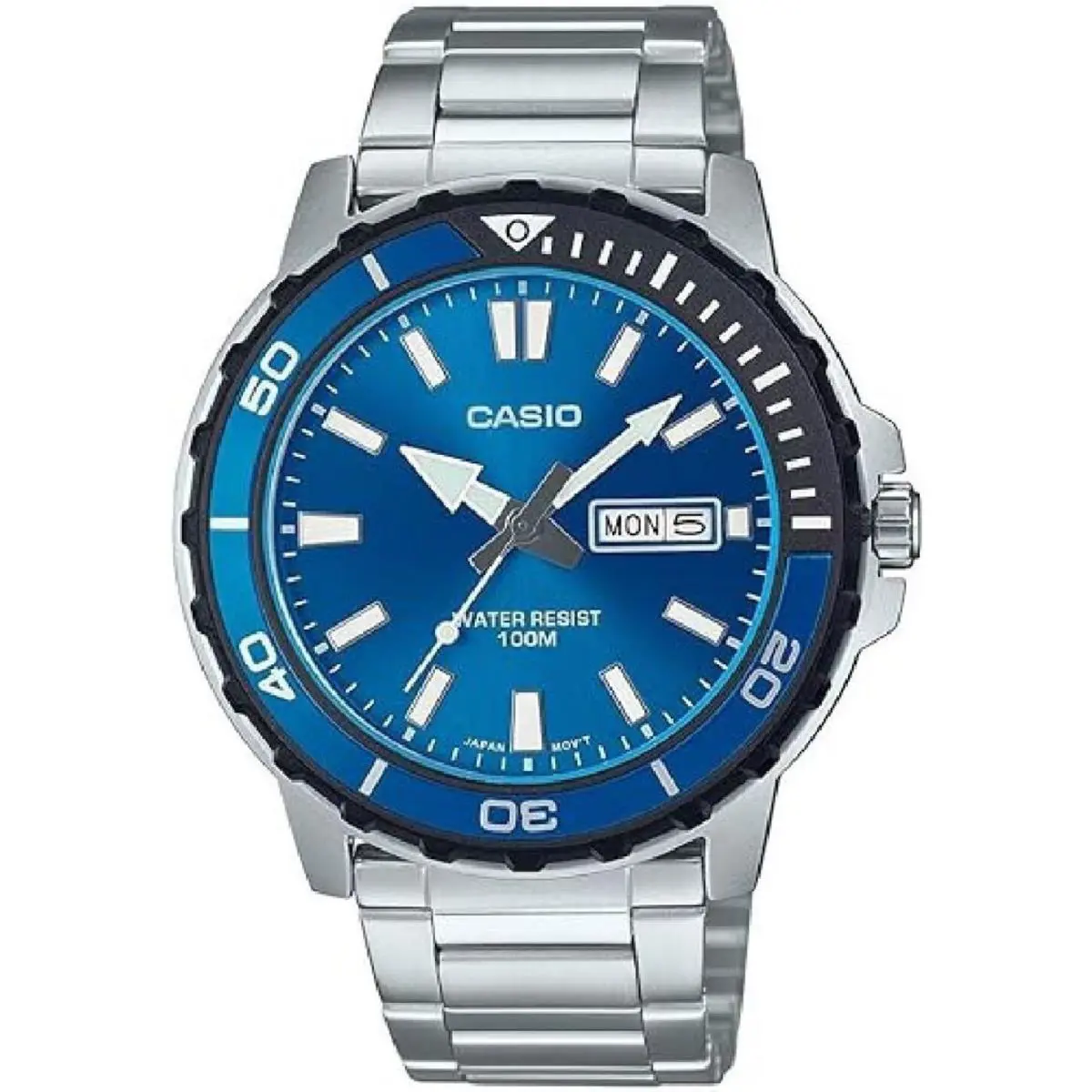 Casio MTD125D-2A1 Men`s Blue Dial Day-date Stainless Steel Watch - Silver, Dial: Blue, Band: Silver