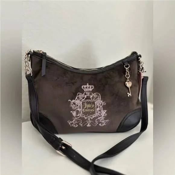 Juicy Couture 4 All Embroidered Velvet Hobo Xbody Bag Charm Crown Crest Key Y2K