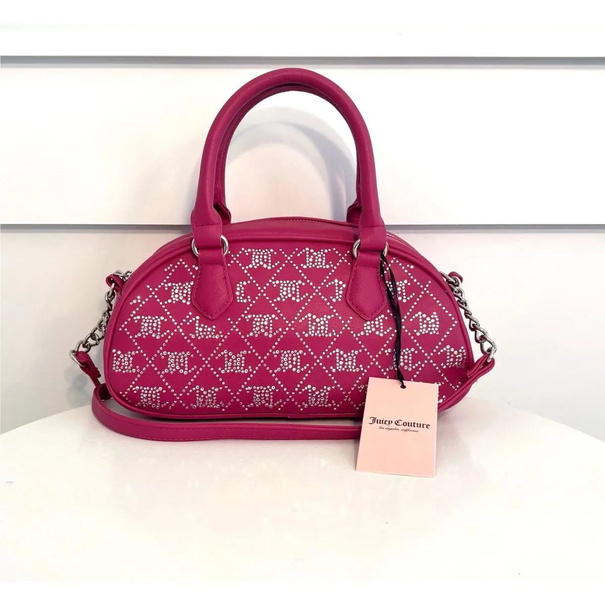 Juicy Couture Crossbody Raspberry JC Crystal Logo Satchel Handbag Purse