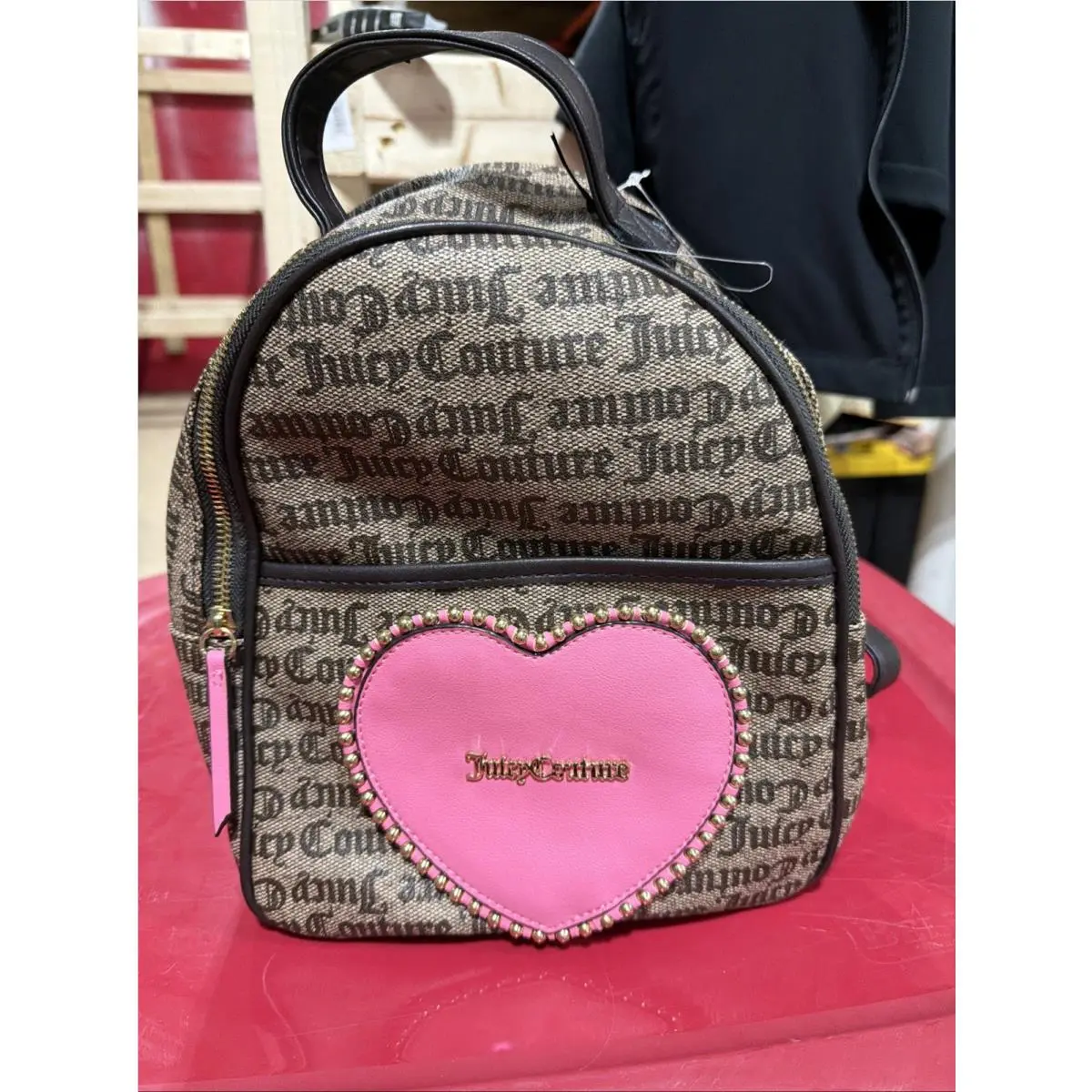 Juicy Couture Love Never Dies Mini Backpack Purse Brown with Pink Heart