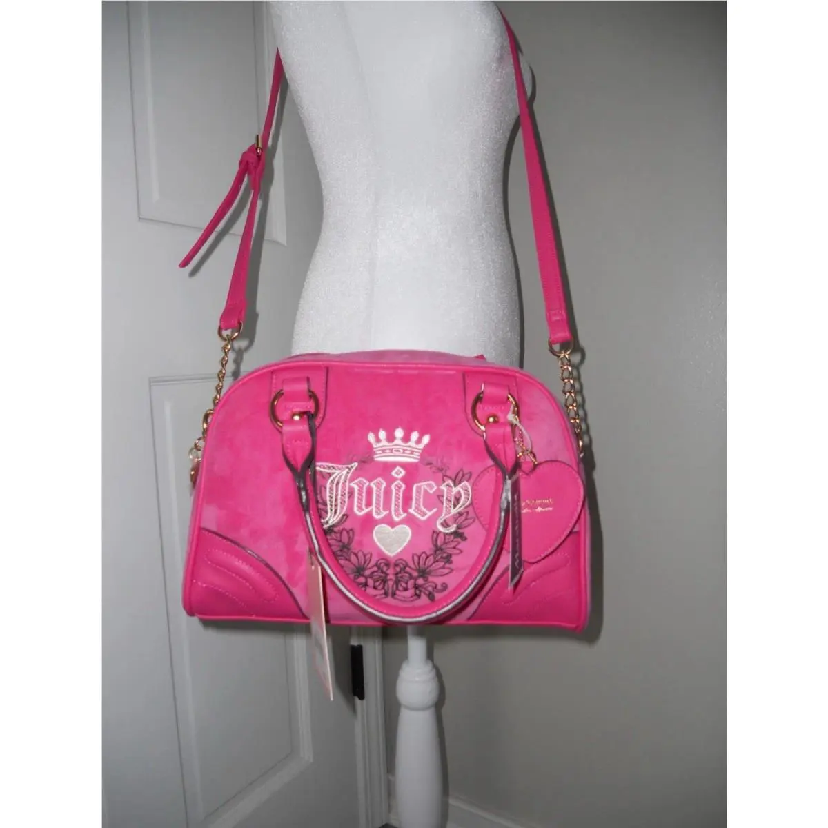 Juicy Couture Free Love Hot Pink Velour Heritage Bowler Shoulder Bag Purse Nwot
