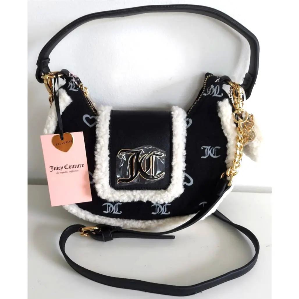 Juicy Couture Snuggle Hobo Satchel Crossbody Handbag Winter Black Sherpa Fluffy