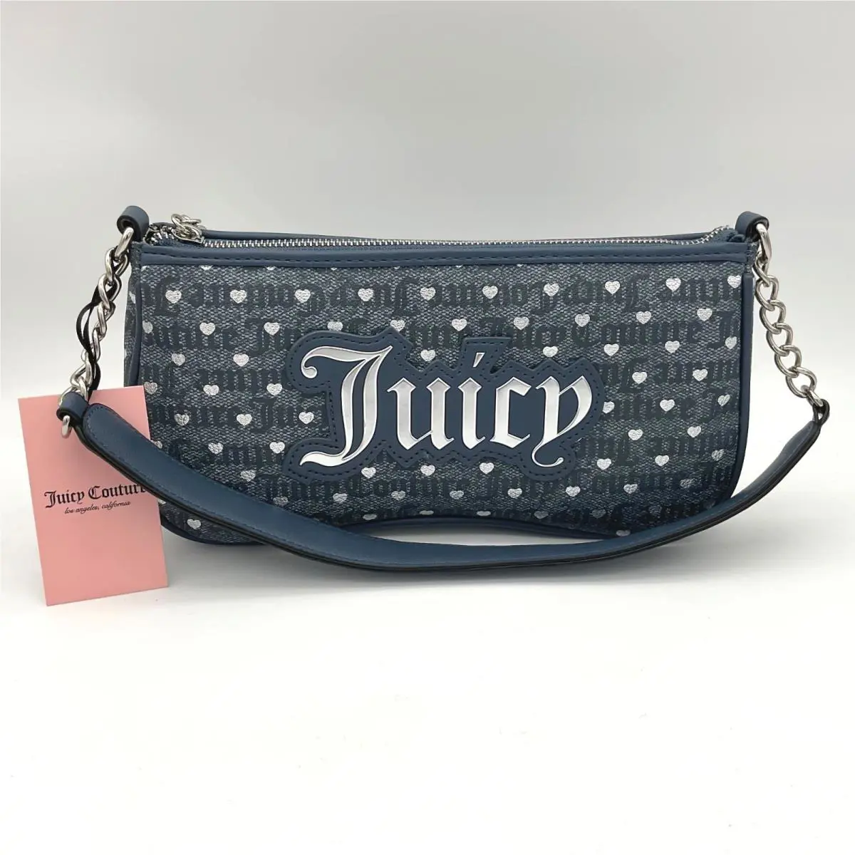 Juicy Couture Poker Face Denim Silver Shoulder Bag Logo and Hearts Pattern