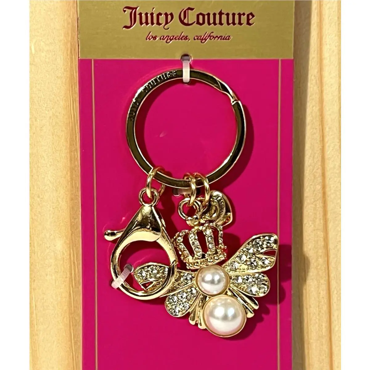 Juicy Couture Queen Bee Pearl Keychain Bag Charm Gold Rhinestone Bee Hive Bling