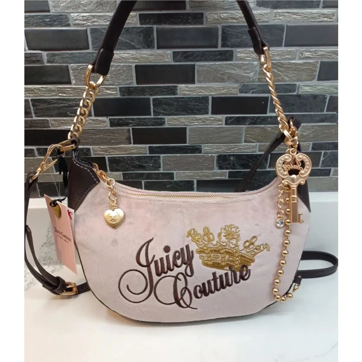 Juicy Couture Key To Juicy Crossbody Shoulder Handbag Blush Pink Brown Charm