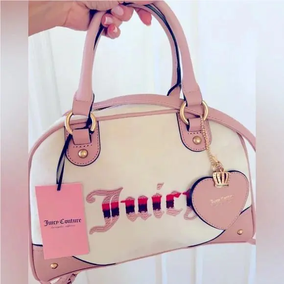 Juicy Couture Retro Vibe Satchel Crystal Pink Crossbody Bag Crown Heart Charm