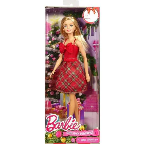 Barbie Holiday Surprise Doll In Red Plaid Dress with Bow Accessories For Ages