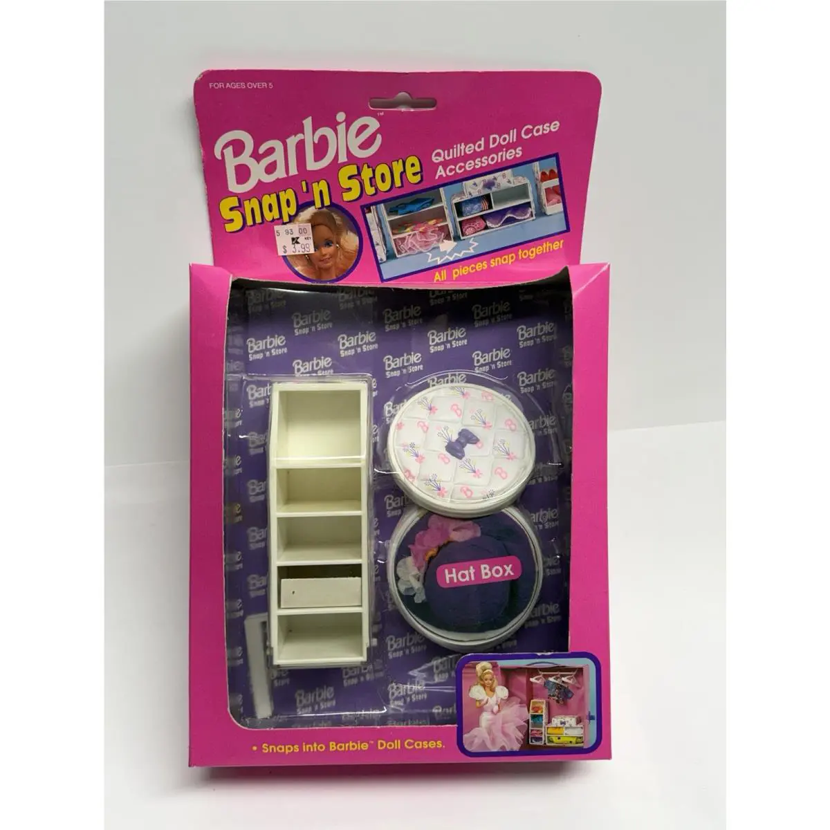 Vtg 1992 Barbie Snap `N Store Quilted Doll Case Hat Box Accessories No. 12160