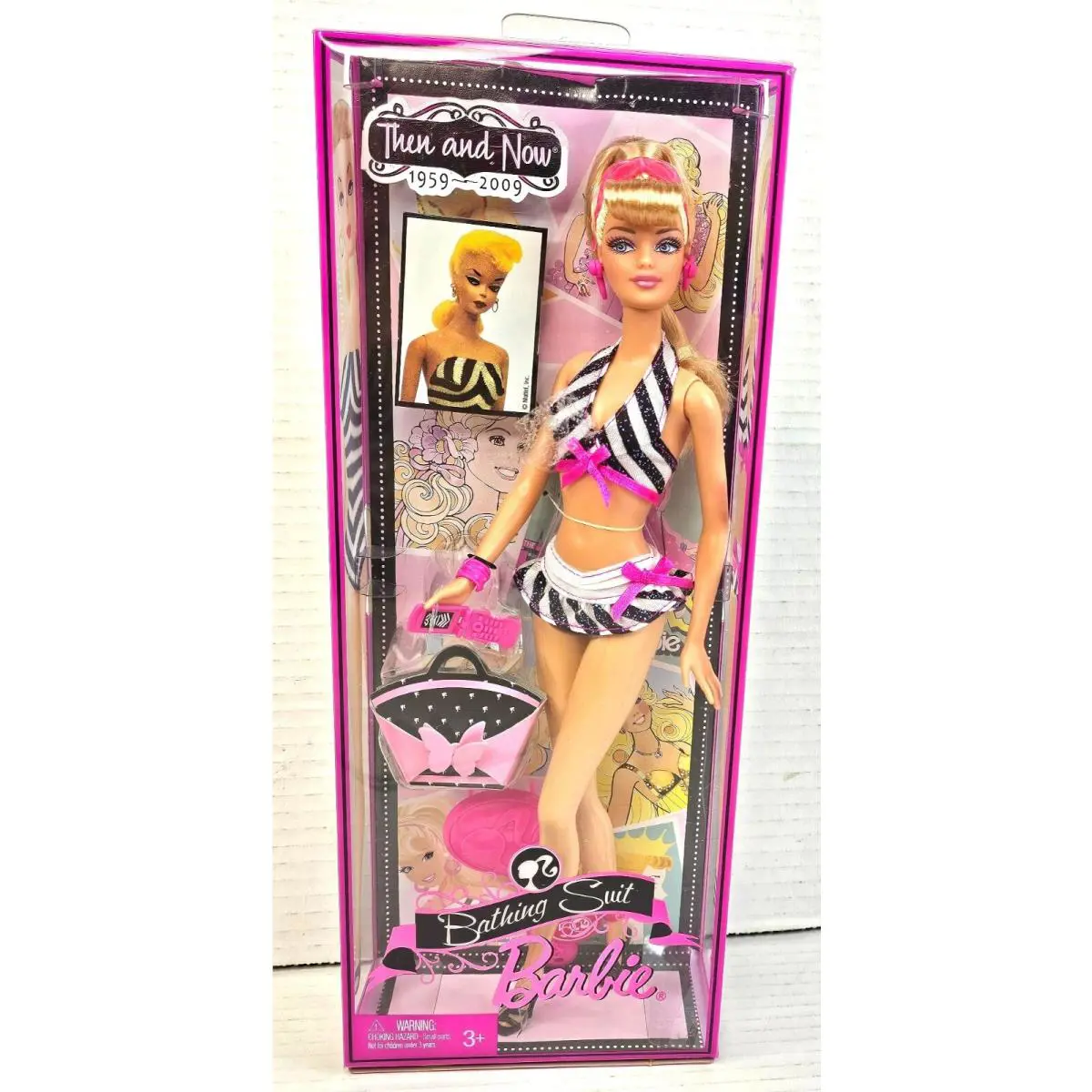 2008 Then and Now 1959-2009 Bathing Suit Barbie Doll Pink Black Swimsuit
