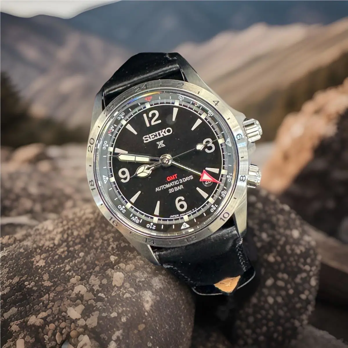 Seiko Prospex Luxe Alpinist Gmt Automatic Leather Black Dial Watch SPB379 Japan