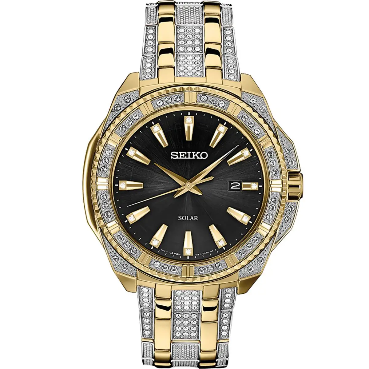 Seiko SNE458 Solar Black Dial Gold Silver Tone Band Swarovski Crystals Watch - Dial: Black, Band: Silver & Gold