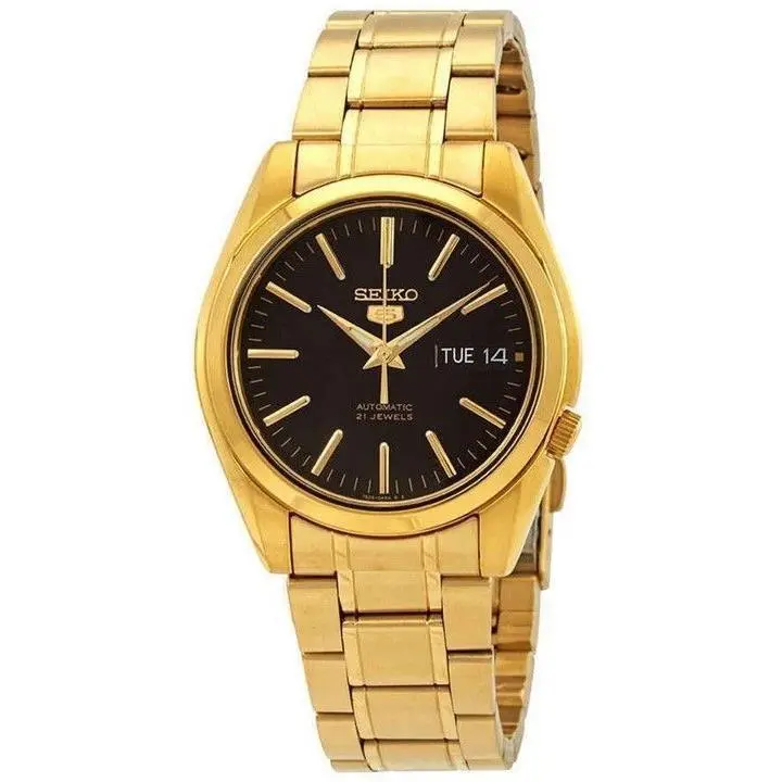 Seiko 5 Sports Black Dial 21 Jewels Casual Automatic Men`s Watch SNKL50K1 - Dial: Black, Band: Gold Tone, Bezel: No bezel
