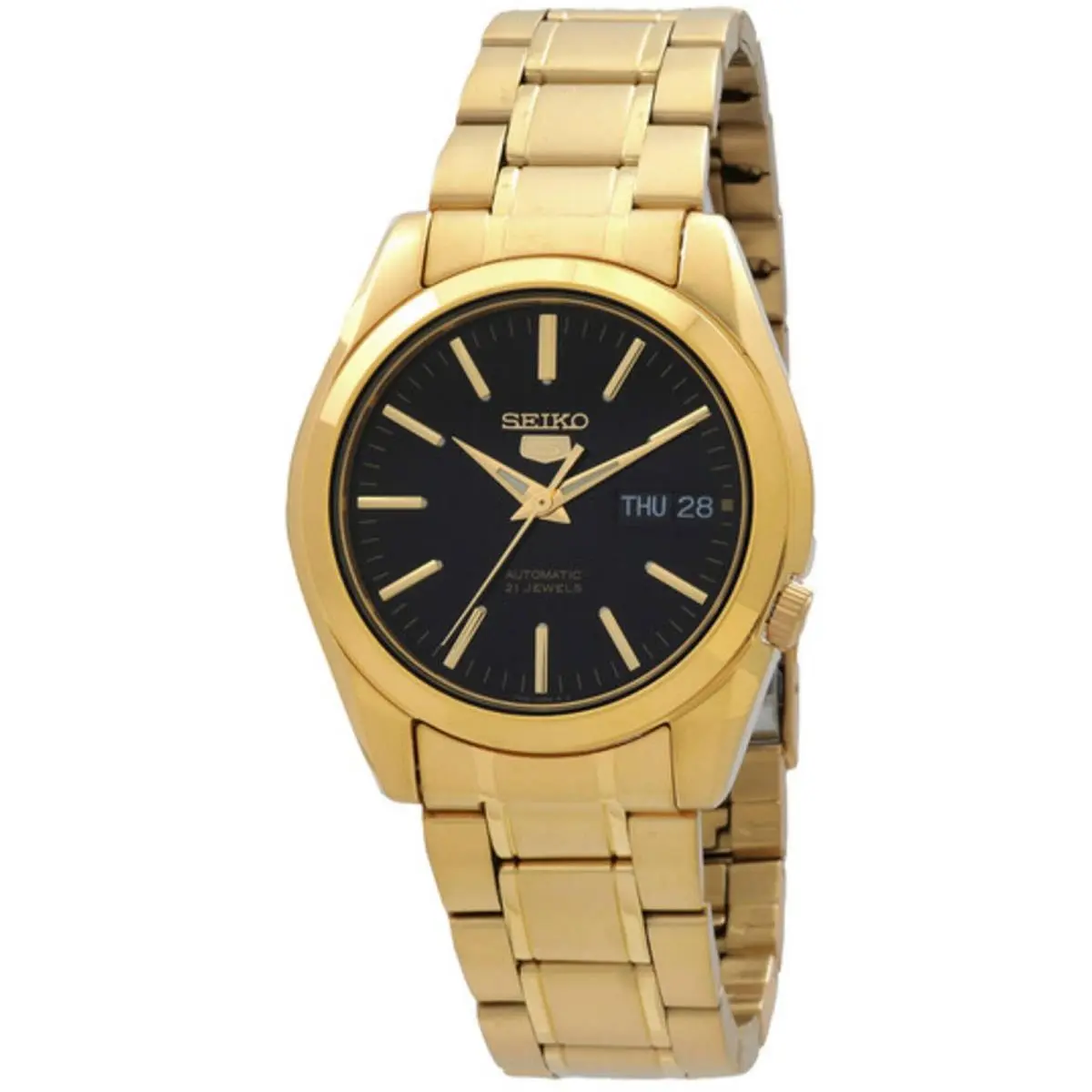Seiko Men`s Watch Seiko 5 Automatic Black Dial Yellow Gold Bracelet SNKL50K1 - Dial: Black, Band: Gold, Bezel: Gold