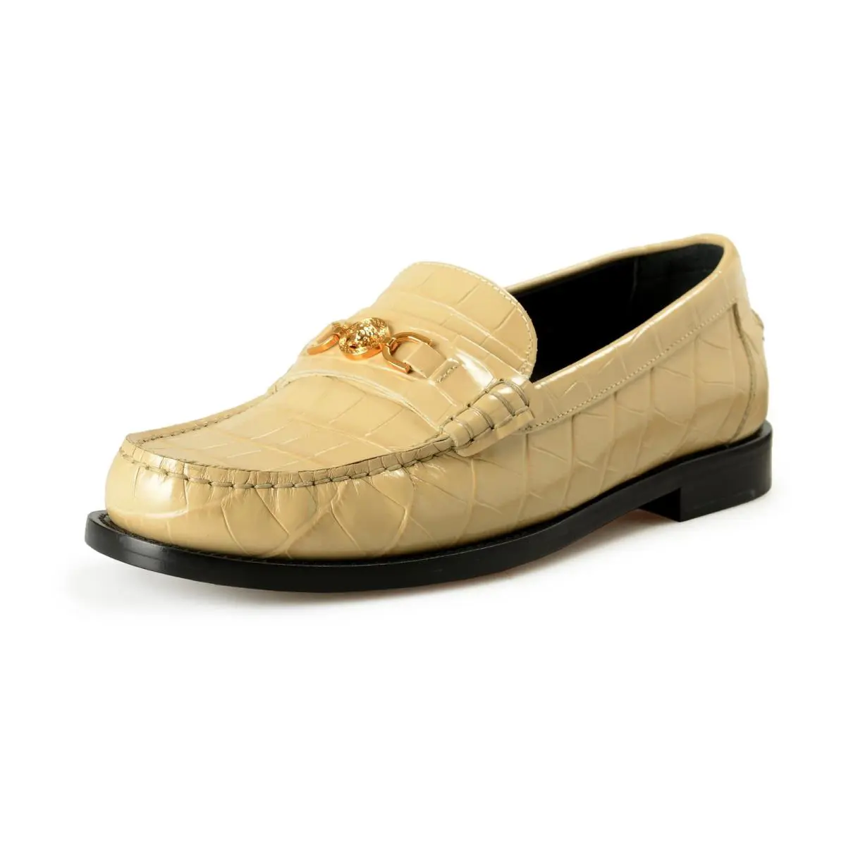 Versace Men`s Sand Gold Medusa Leather Slip On Loafers Shoes US 8 IT 41