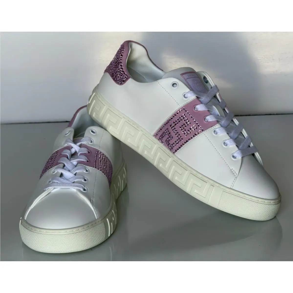 Versace Crystal Greek Women’s White/pink Leather Sneakers 10.5 US 1013568