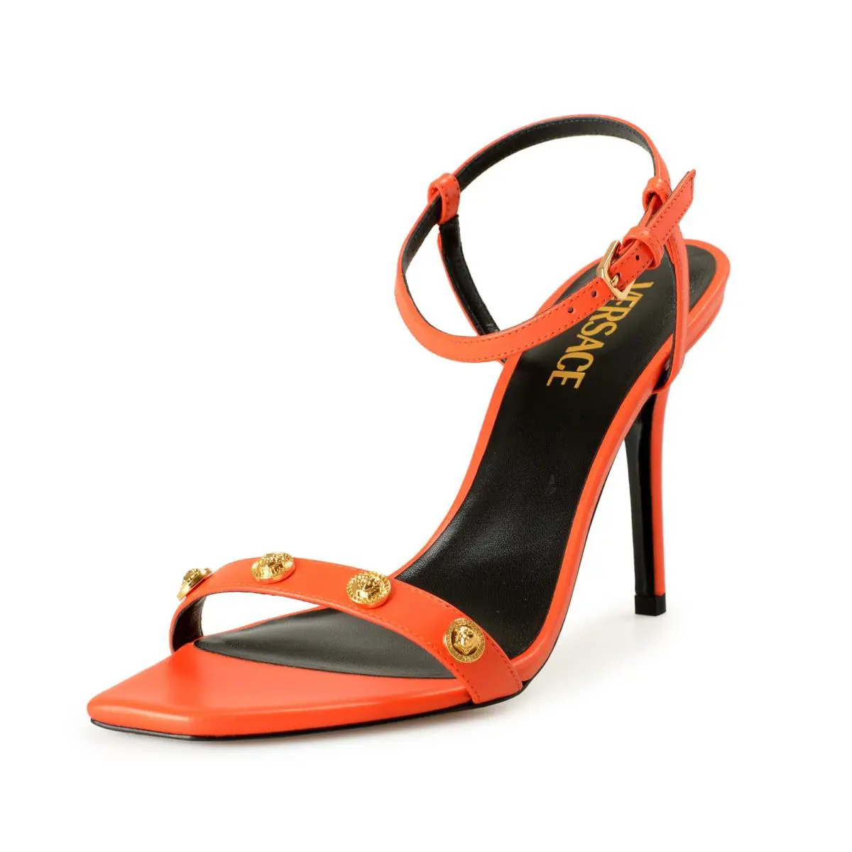 Versace Women`s Gold Medusa Coral Leather Heeled Pumps Shoes US 11 IT 41 - Coral