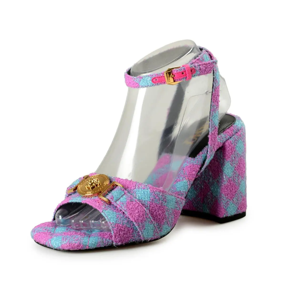 Versace Women`s Lurex Check Medusa Logo Sandals Ankle Strap Shoes US 10 IT 40 - Multi-Color