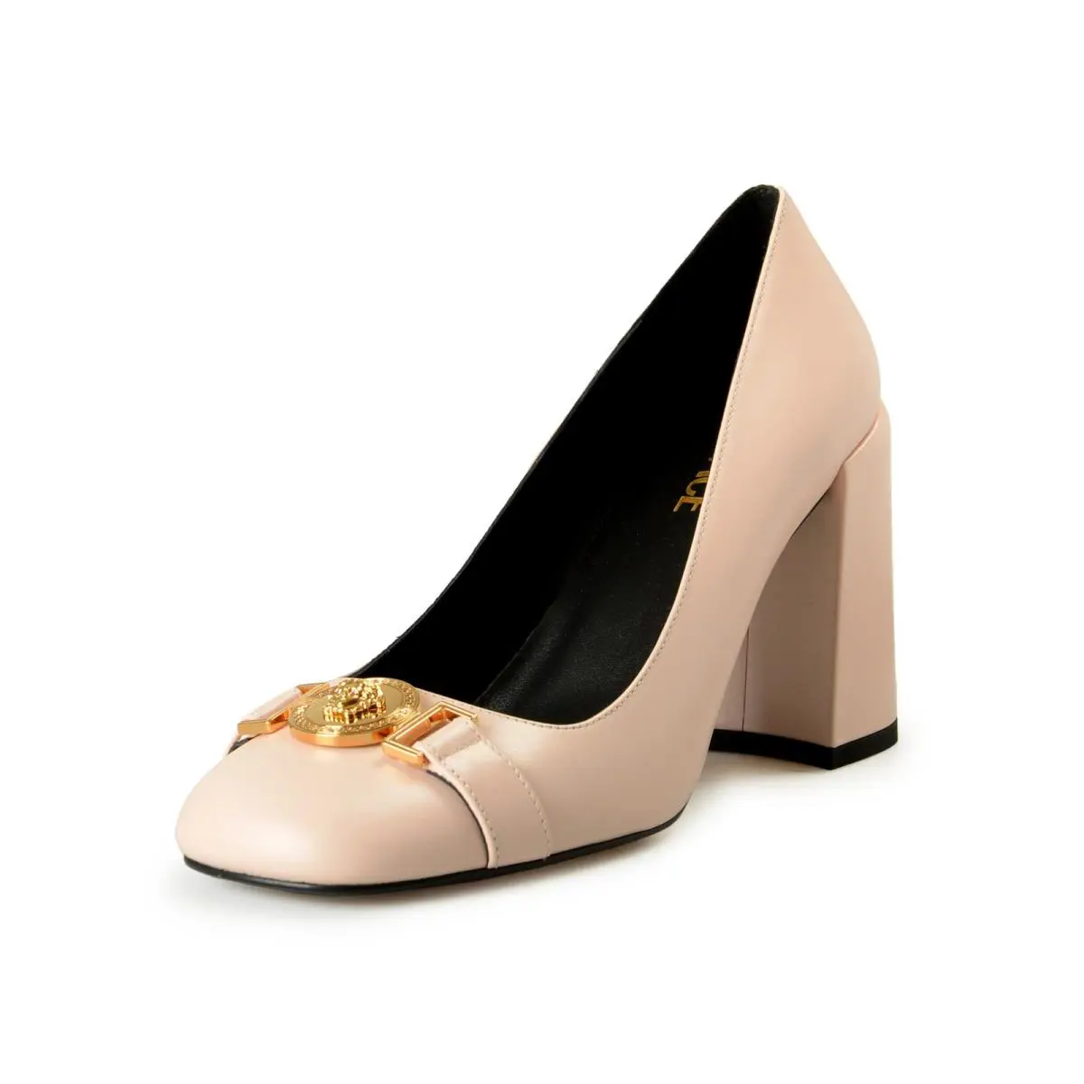 Versace Women`s Soft Pink Gold Medusa 100%Leather Heeled Pumps Shoes US 10 IT 40 - Soft Pink
