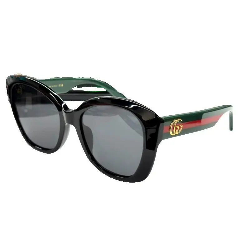Gucci GG 0860 S 001 Black Green with Red Stripe Grey Lens Square Sunglasses