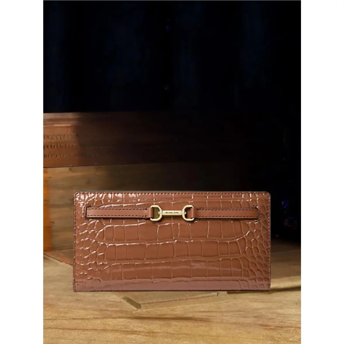 Michael Kors Large Carson Embossed Snap Card Wallet Crocodile Pattern Luggage