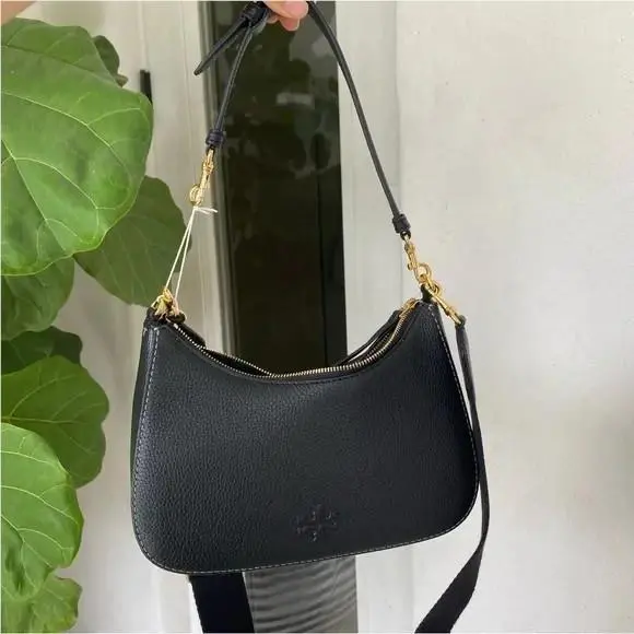 Thea Pebble Leather Convertible Crossbody Shoulder Handbag Black by Tory Burch