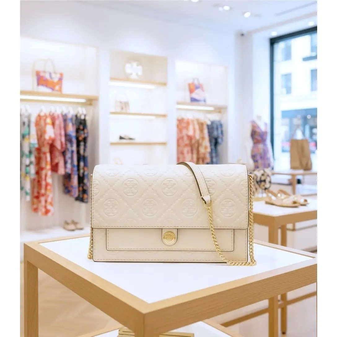 Tory Burch T Monogram Cream Leather Chain Wallet Crossbody Clutch Purse 158692