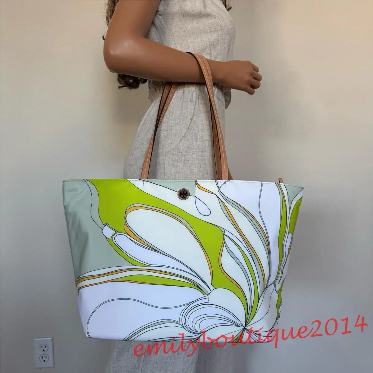 Tory Burch 170266 Ella Nylon Printed Tote Zip Bag Chartreuse Twisty Flower