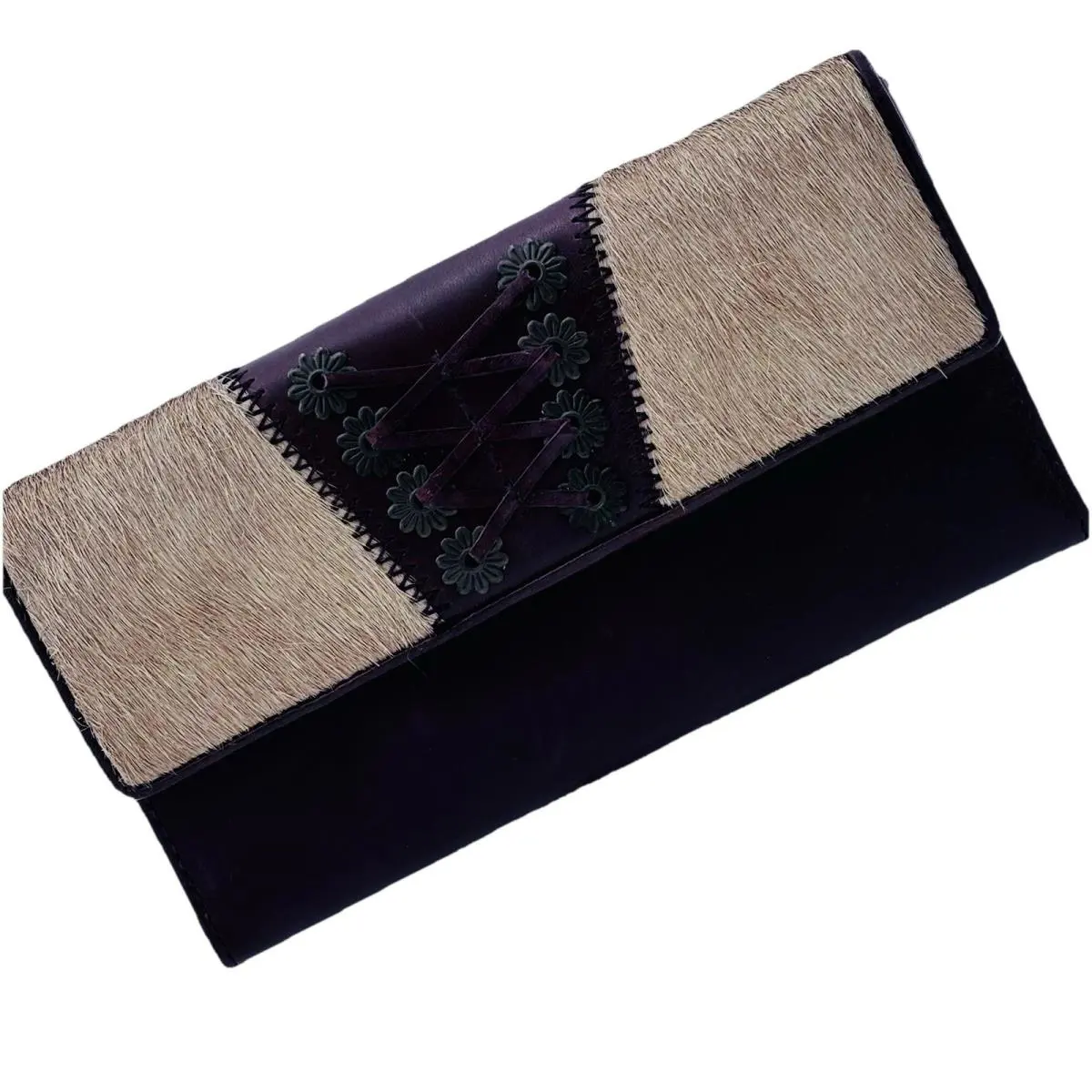 Ralph Lauren Brown Leather Checkbook Organizer Wallet Trifold Fur Decorative