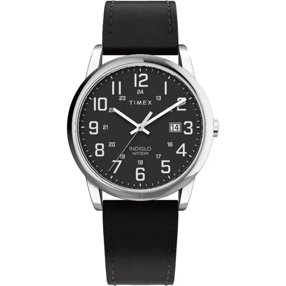 Timex TW2Y12800 Men`s Easy Reader Black Leather Watch Indiglo 38MM Case - Dial: Black, Band: Black