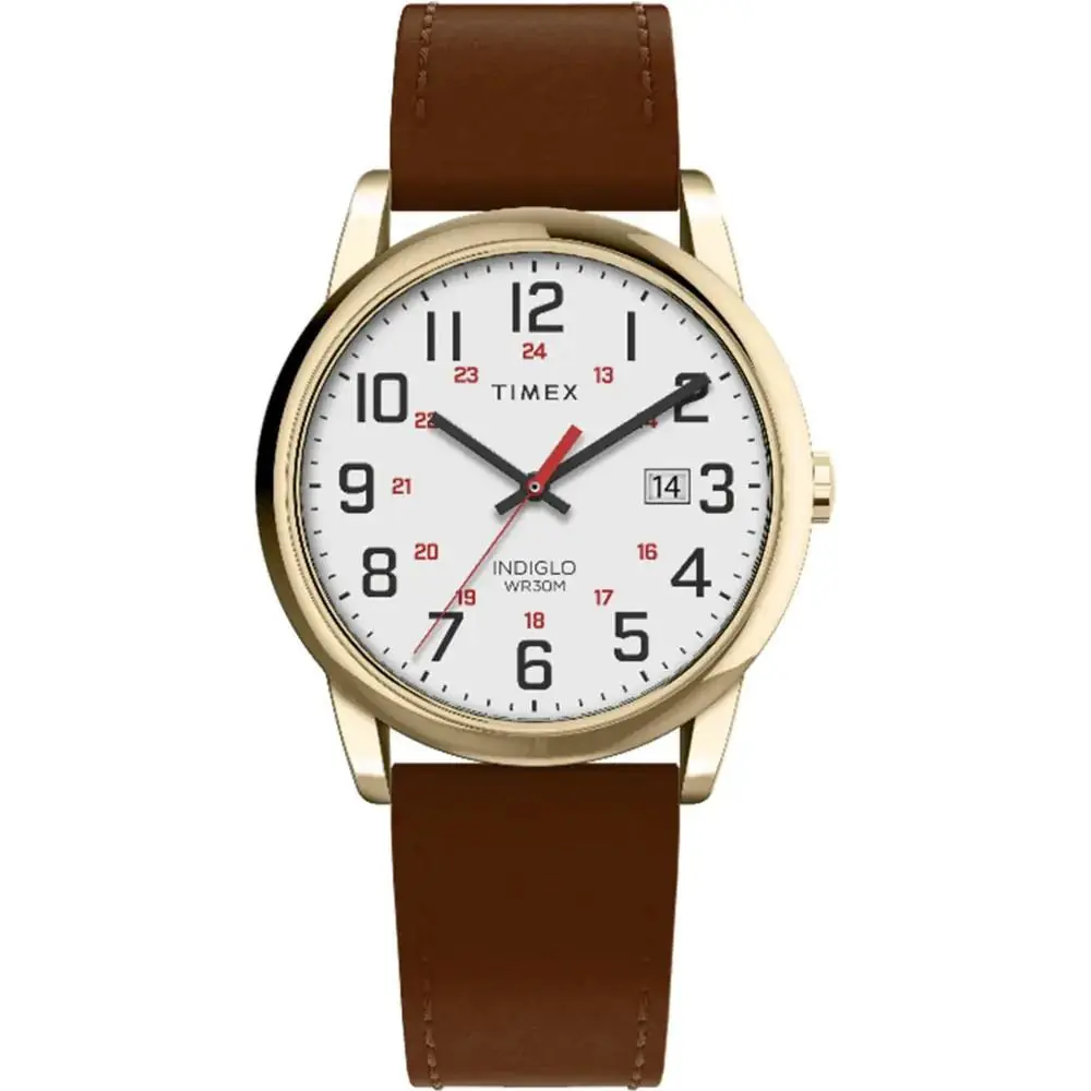 Timex TW2Y12700 Men`s Easy Reader Brown Leather Watch Indiglo 38MM Case - Dial: White, Band: Brown