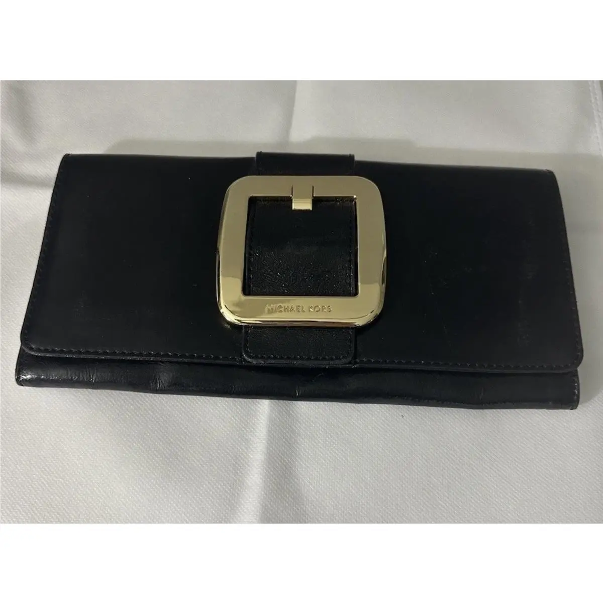 Michael Kors Sutton Black Leather Clutch Gold Buckle Handbag Evening Bag Euc
