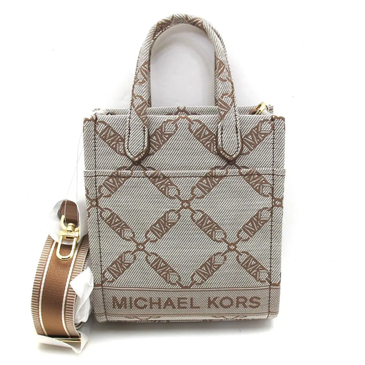 Auth. Michael Kors Gigi Jacquard NS Messenger MK Logo XS Tote Nat/luggage