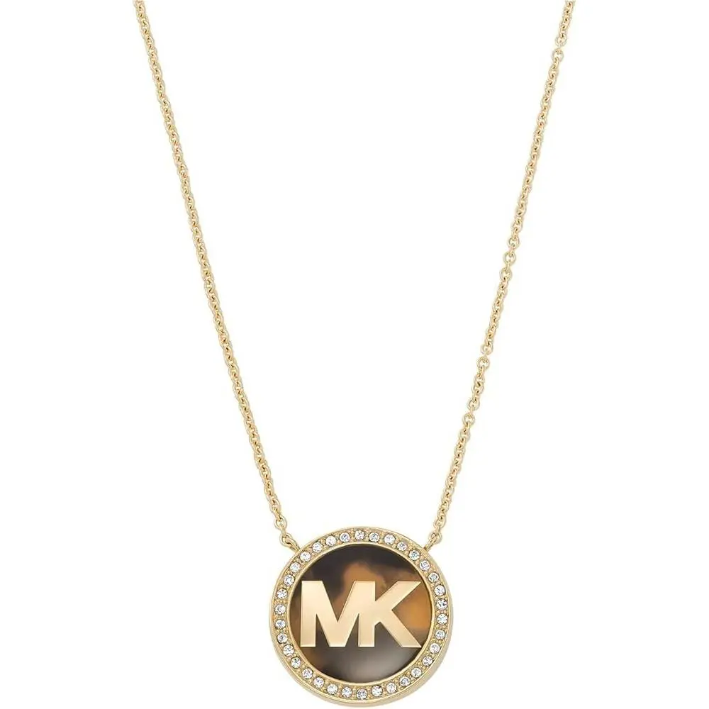 Michael Kors Gold Chain Crystal Pave Disk Tortoise Charm Pendant Necklace