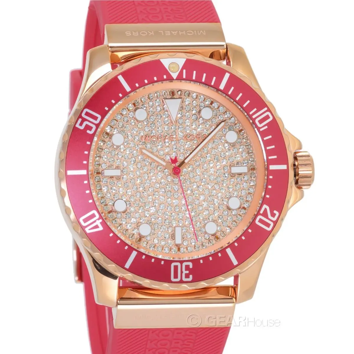 Michael Kors Womens Oversize Everest Pave Crystals Rose Gold Watch Red Silicone