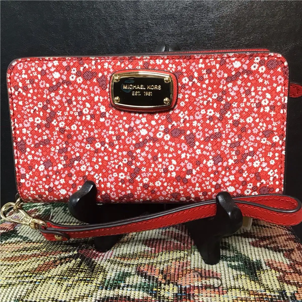 Michael Kors Dark Sangria Leather Wristlet Clutch Floral