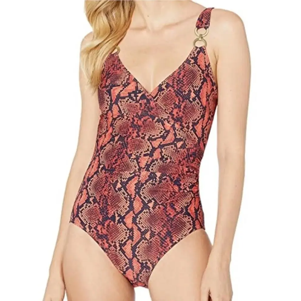 Michael Kors A1225 Womens Persimmon Python-embossed One-piece Swimsuit Size 8