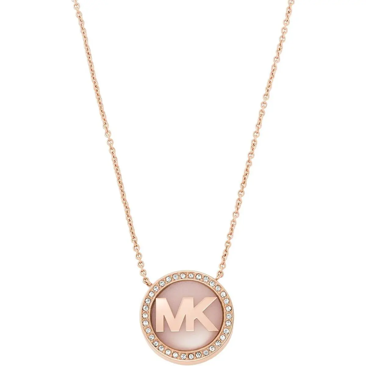 Michael Kors Rose Gold Chain Crystal Pave Disk Pink Charm Pendant Necklace