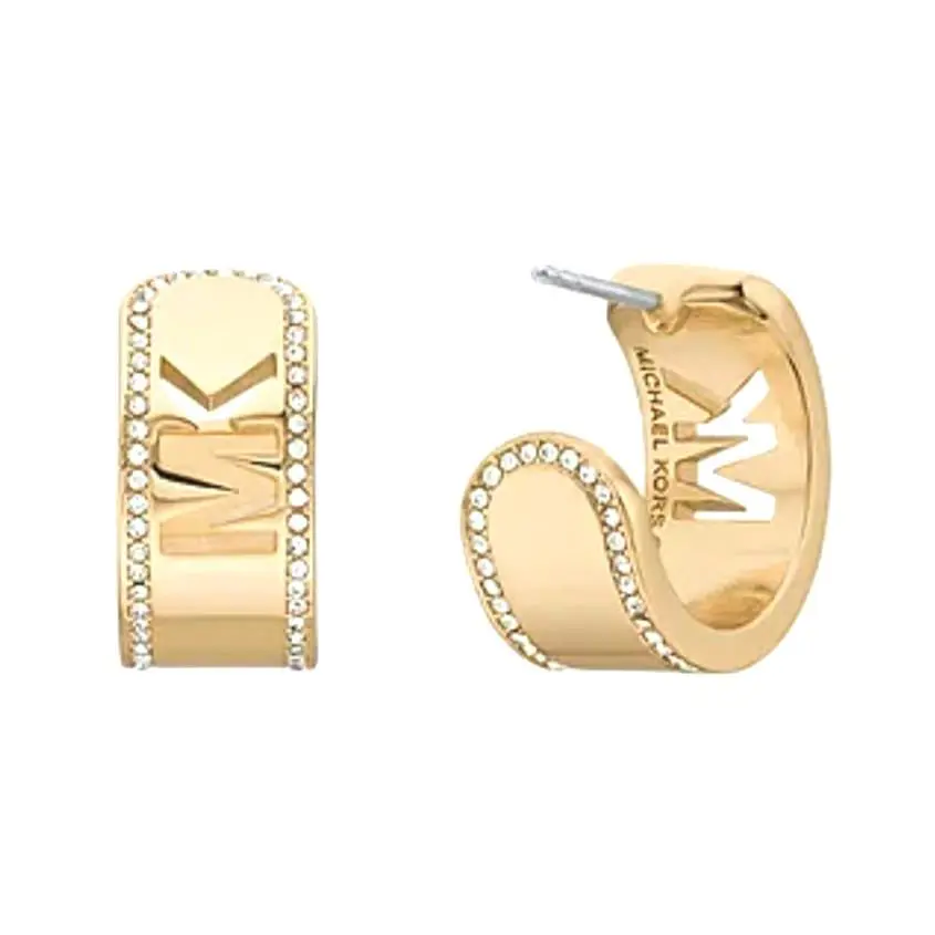 Michael Kors Gold Tone MK Cut Out Logo Open Hoops Cuff Crystals Earrings MKJ8007