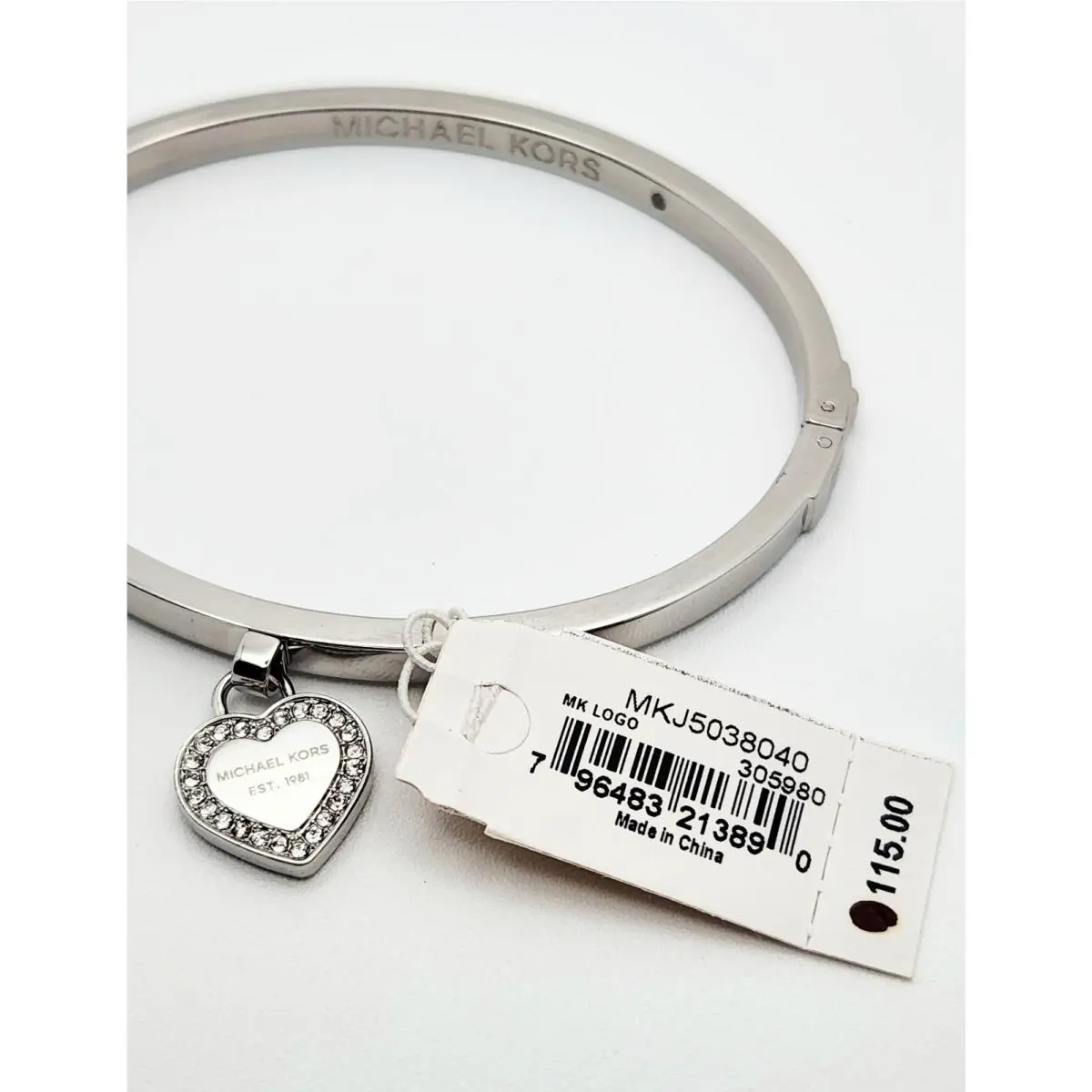 Michael Kors MK Logo Heart Silver Tone Bangle Bracelet MKJ5038040 W/o Box