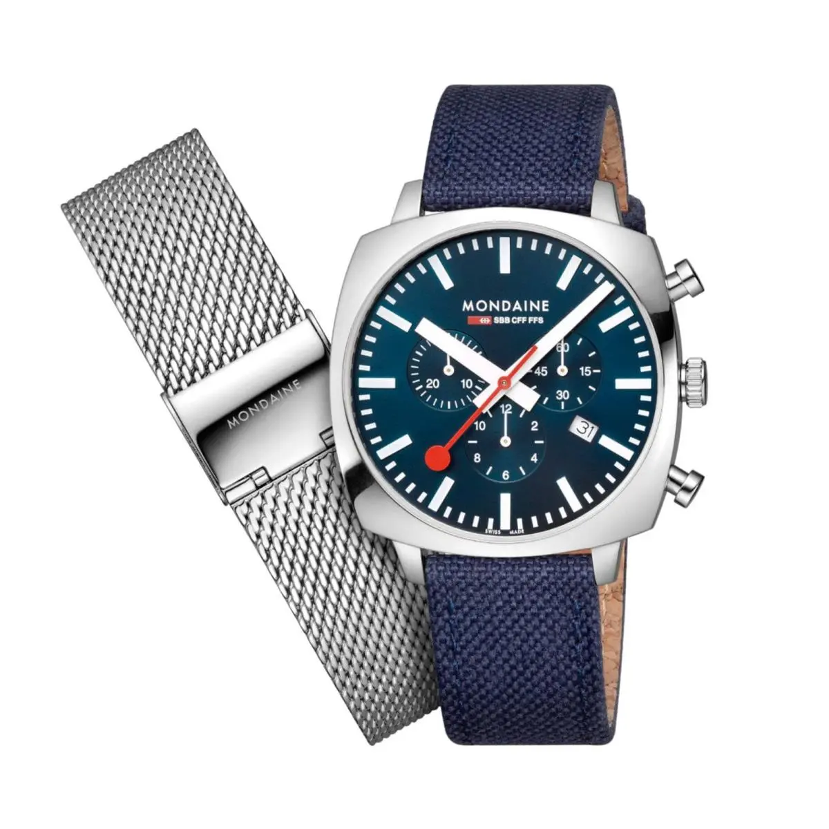 Mondaine Swiss Made Chronograph 41mm Blue Cushion Case Sapphire Crystal Watch
