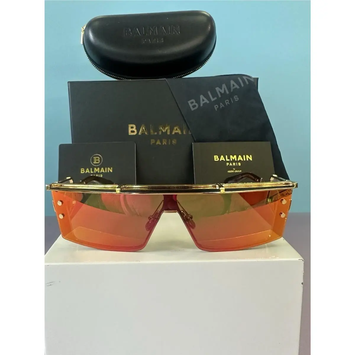 Balmain Paris Titanium Gold Red Shield Sunglasses Wonder Boy Iii BPS-127C-145