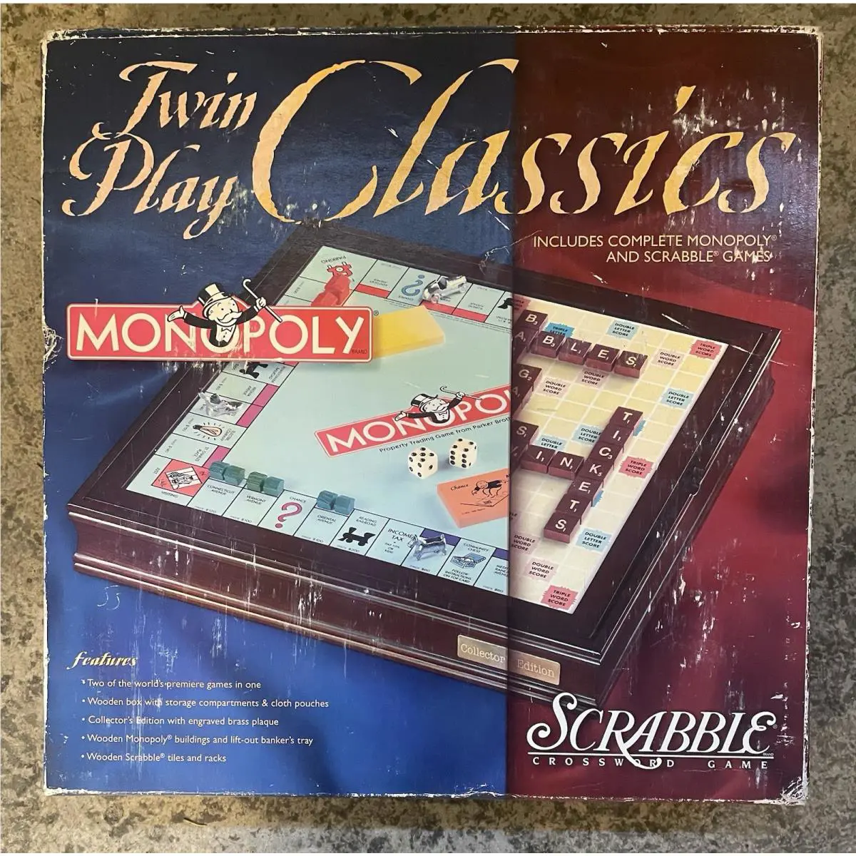 Hasbro Monopoly Scrabble Twin Play Classics Game Wooden Box Vtg 2000 30